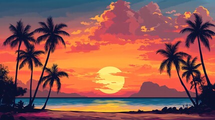 Fototapeta premium Silhouette of palm trees at sunset on the beach with a bright yellow sun reflecting on the water.