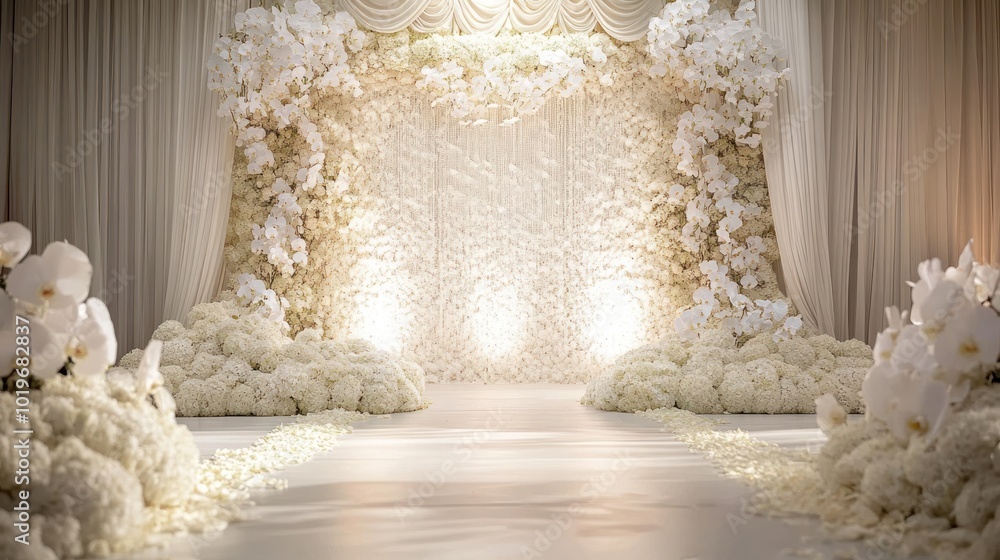 Wall mural Elegant wedding backdrop adorned with white flowers and soft lighting.