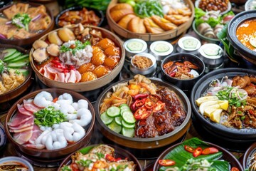 An assortment of Korean dishes with a variety of meats, vegetables, and side dishes displayed on a large table

