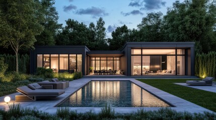 Fototapeta premium Modern house with a pool, surrounded by trees, illuminated at dusk.