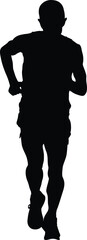 A silhouette vector design features a male runner in full stride, viewed from behind. Transparent background. eps10. 