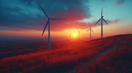Obraz premium A serene landscape of wind turbines generating clean energy against a beautiful sunset, symbolizing renewable energy solutions to combat climate change.
