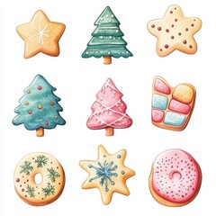 Colorful Christmas cookies in tree, star, and snowflake shapes