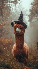 Obraz premium Alpaca in a Witch Costume in a Foggy Forest