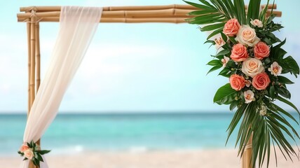 Floral garlands draped over a bamboo arch, with roses, orchids, and palm leaves creating a stunning backdrop for a beach wedding