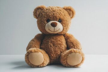 Obraz premium soft plush teddy bear sitting against a crisp white background exuding warmth and comfort ideal for childrens themes and nostalgic memories
