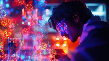 A scientist examines molecular structures in a lab, illuminated by vibrant colors.