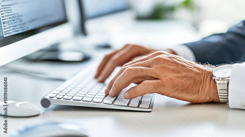 Poster A person's hand typing on a keyboard, focused on work at a computer desk.