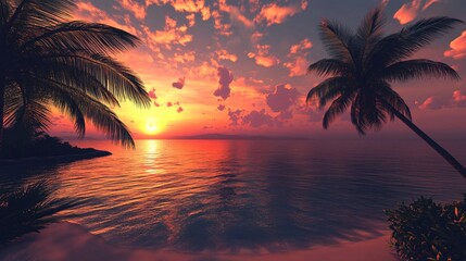 Silhouette of two palm trees on a beach with the sun setting over the water, reflecting the orange and pink hues of the sky.