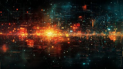 Obraz premium Abstract Digital Network with Bright Orange and Blue Lights