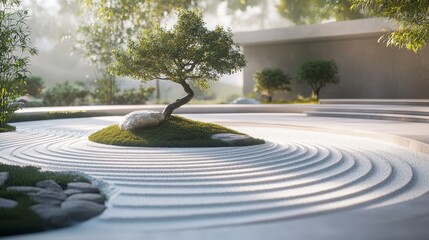 Obraz premium A serene circular zen garden with a smooth stone pathway winding through white sand, leading to a central meditation space with a single bonsai tree