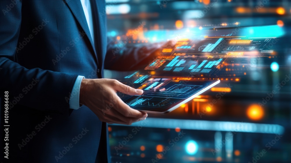 Aufkleber a professional holding a digital tablet displaying data analytics and graphs.