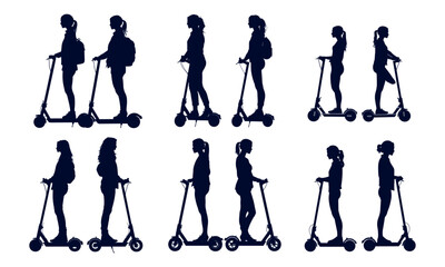 Set of Silhouette Women Riding Kick Scooters in Various Poses