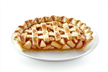 A delicious apple pie with a golden, flaky crust, showcasing a classic lattice design on top. Perfect for dessert or special occasions.