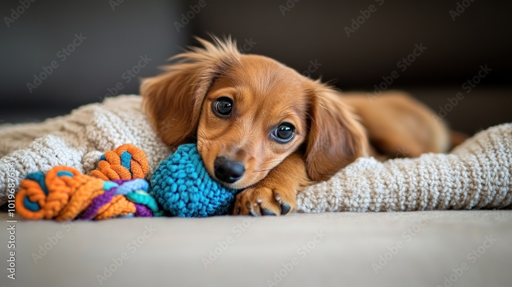 Sticker A playful puppy resting on a blanket with a colorful toy.