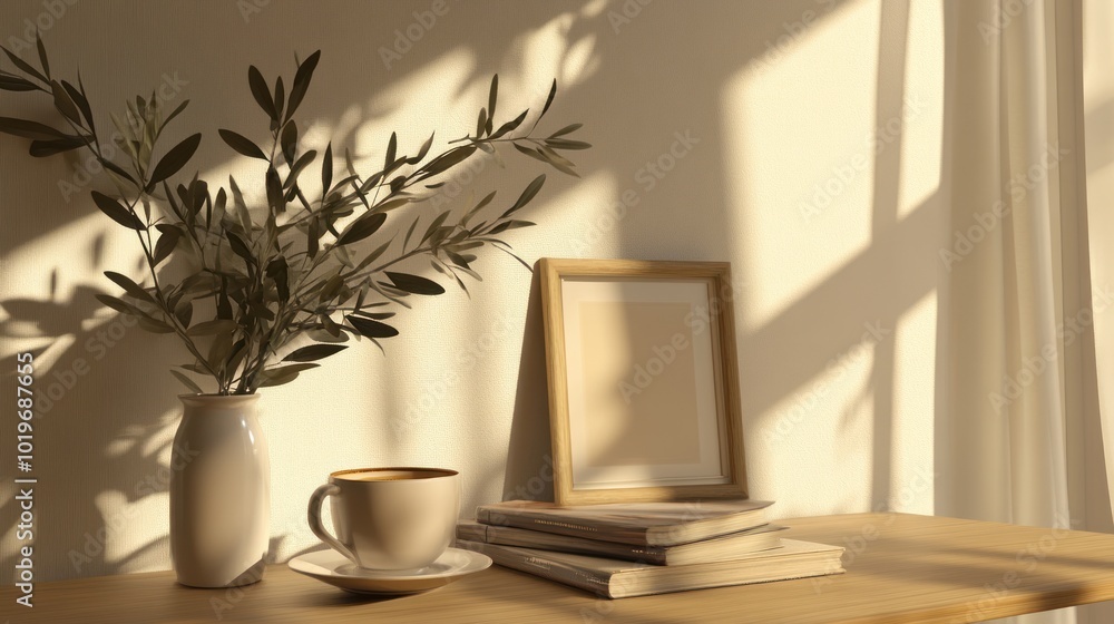 Sticker A serene indoor scene with a vase, cup, and books, illuminated by soft sunlight.