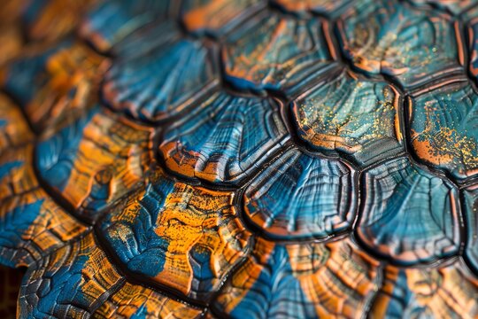 A close-up of a turtle shell pattern, vibrant and detailed