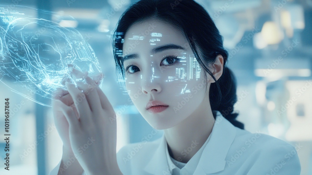 Aufkleber a scientist interacts with a holographic interface in a futuristic lab setting.