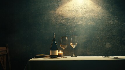 A romantic table setting with wine, glasses, and a candle in a dimly lit environment.