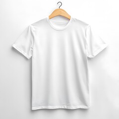 A White classic t-shirt wooden hanger on white background.
