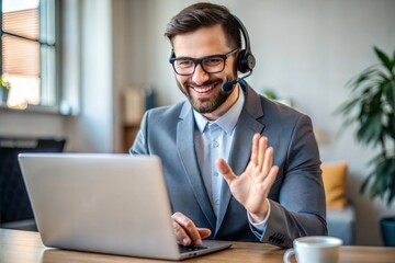 Caucasian businessman with headset on video call smiling and business casual