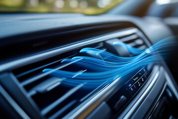 Close-up of a car air conditioning vent with blue airflow lines, illustrating climate control and cooling technology inside a modern vehicle