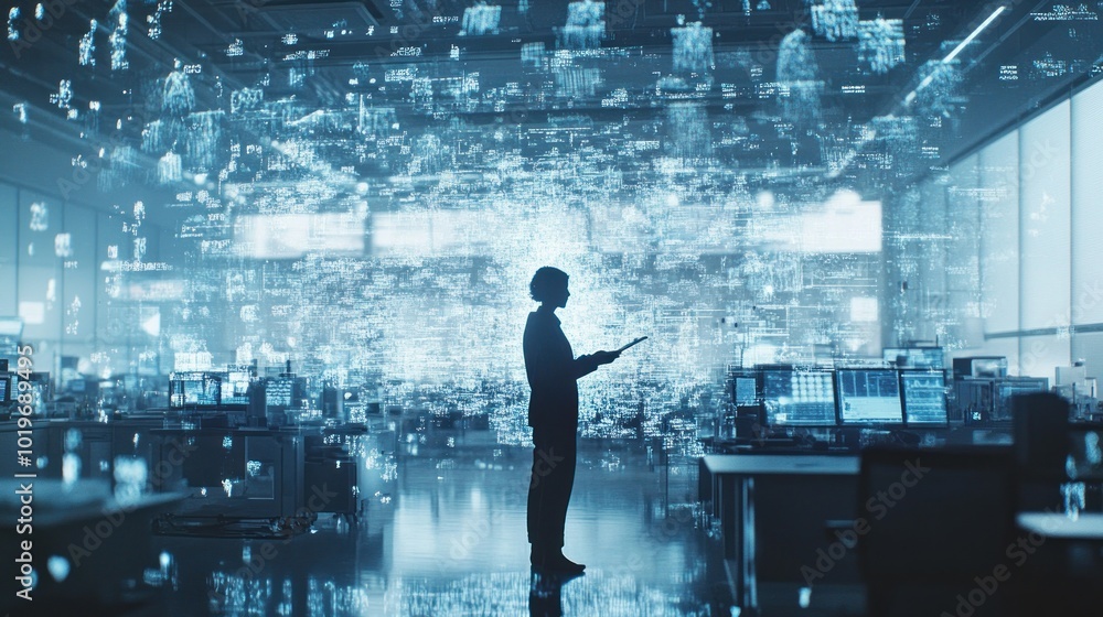 Wall mural A silhouette of a person in a high-tech environment, surrounded by digital data visualizations.