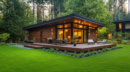 Modern wooden house with a spacious deck surrounded by lush greenery.