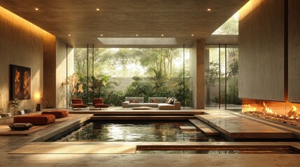 Fototapeta premium Modern living space with a serene indoor pool and greenery.