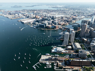 Aerial view of Boston Bay with yachts in it drone view from above. Massachusetts, USA.