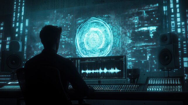 A person working at a futuristic audio mixing console with digital visuals.