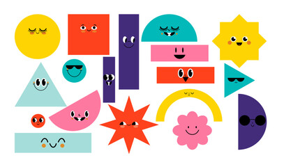 Set of Various bright basic Geometric Figures with face emotions. Different shapes. Hand drawn trendy Vector illustration for kids. Cute funny characters. All elements are isolated