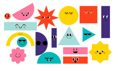 Set of Various bright basic Geometric Figures with face emotions. Different shapes. Hand drawn trendy Vector illustration for kids. Cute funny characters. All elements are isolated