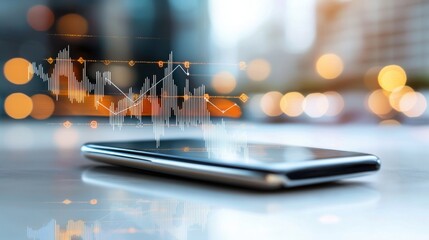 Smartphone on table with digital finance graphs overlaid