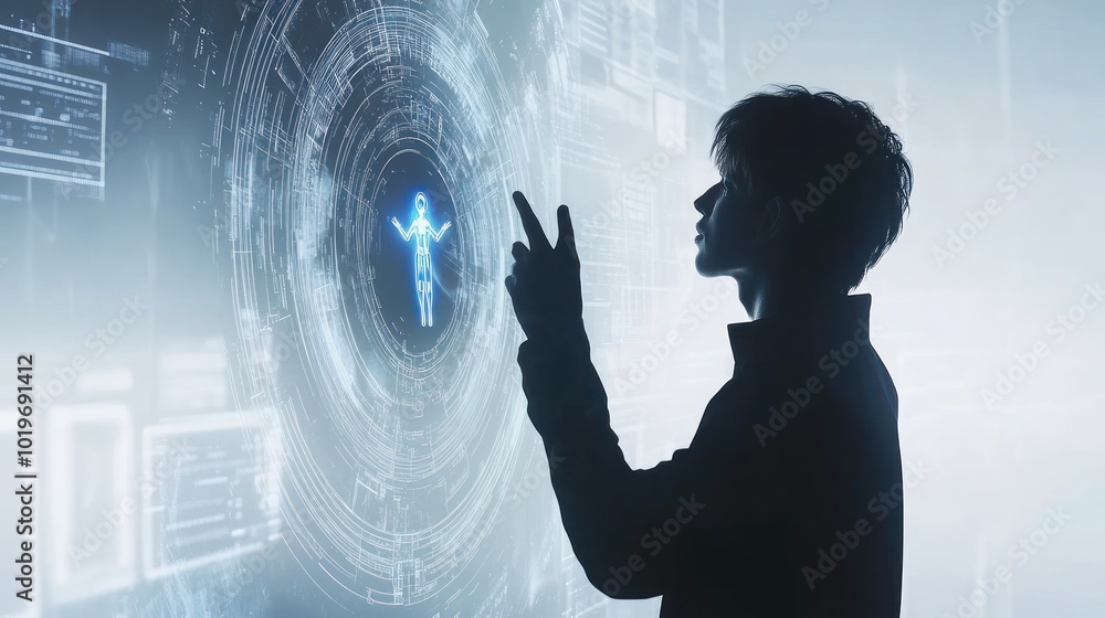 Poster a silhouette interacts with a holographic interface displaying a digital figure and data.