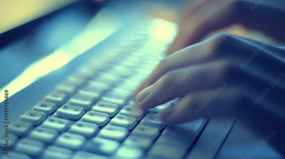 Poster a close-up of hands typing on a keyboard, emphasizing digital communication.