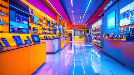 A vibrant tech store interior showcasing various electronic devices and accessories.
