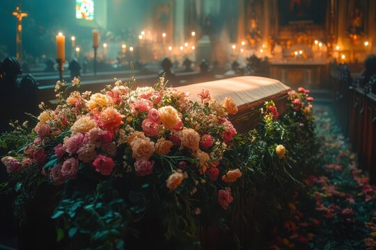 solemn funeral scene with floweradorned casket soft muted lighting creates reverent atmosphere mourners gathered in respectful silence church interior or cemetery setting with somber mood
