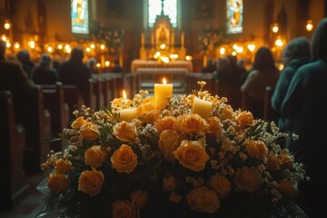 solemn funeral scene with floweradorned casket soft muted lighting creates reverent atmosphere mourners gathered in respectful silence church interior or cemetery setting with somber mood