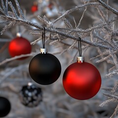 Red and Black Christmas Ornaments on Frosted Tree