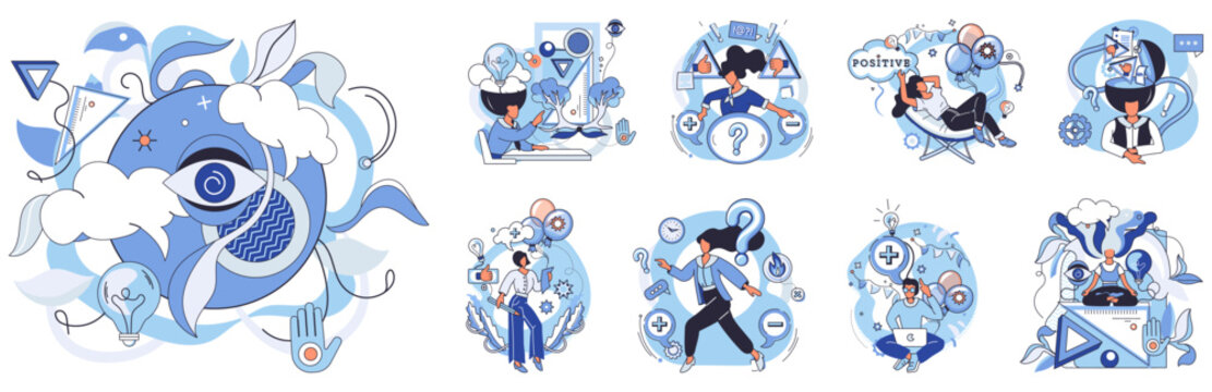 Cognition. A collection of creative scenes highlighting various cognitive processes and problem-solving activities. Ideal for learning, creativity, innovation, problem-solving, brainstorming