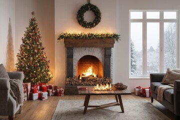 Fototapeta premium A cozy living room featuring a beautifully decorated Christmas tree next to a warm fireplace surrounded by elegant furniture and festive decorations