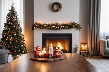 Fototapeta premium A cozy living room featuring a beautifully decorated Christmas tree next to a warm fireplace surrounded by elegant furniture and festive decorations