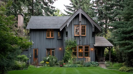 Fototapeta premium A charming, dark-colored house surrounded by lush greenery and a well-kept garden.