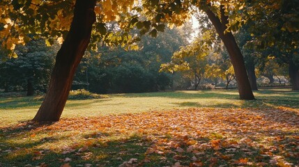 A serene park scene with autumn leaves and trees, capturing the beauty of nature.