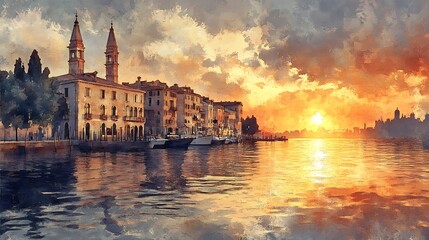 Obraz premium Serene Seaside Town at Sunset in Watercolor Style