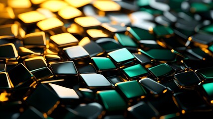 Fototapeta premium Mosaic of glossy black, gold, and emerald sea glass, angular wave shapes, sharp art deco patterns, vintage, luxurious feel, high detail, cinematic lighting, futuristic
