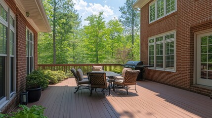 A serene outdoor patio with seating, surrounded by lush greenery.