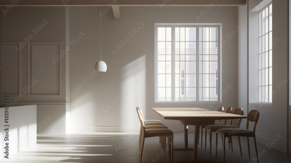 Sticker A minimalist dining area with natural light highlighting a wooden table and chairs.