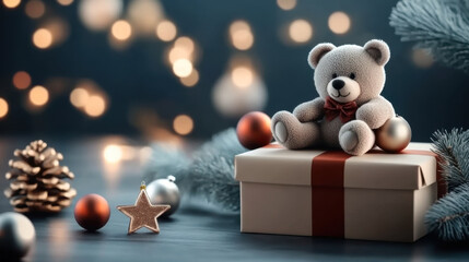 A cozy Christmas scene featuring a teddy bear atop a beautifully wrapped gift, surrounded by festive decorations and soft bokeh lights.